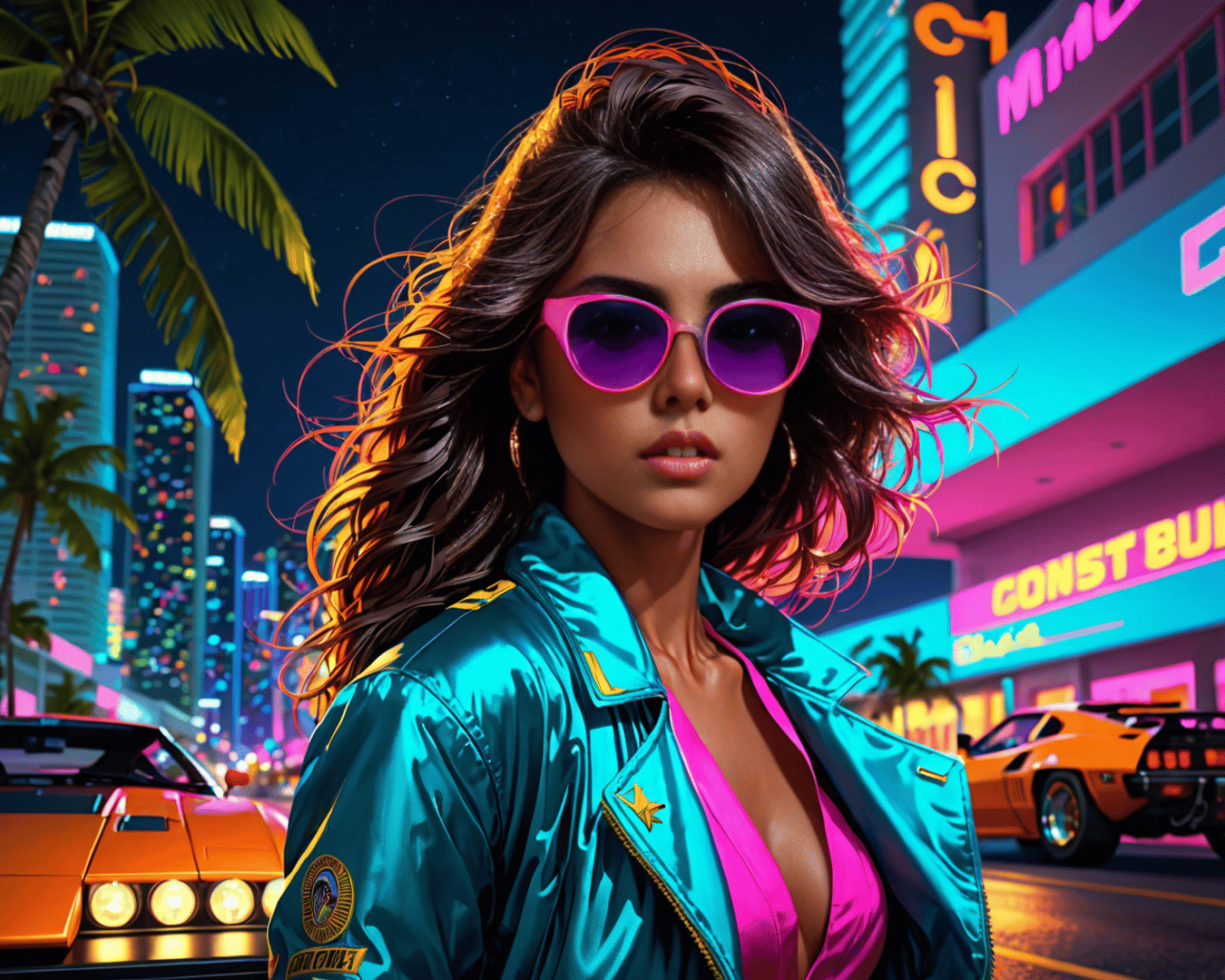 AI generated wallpaper featuring woman, cityscape, cars