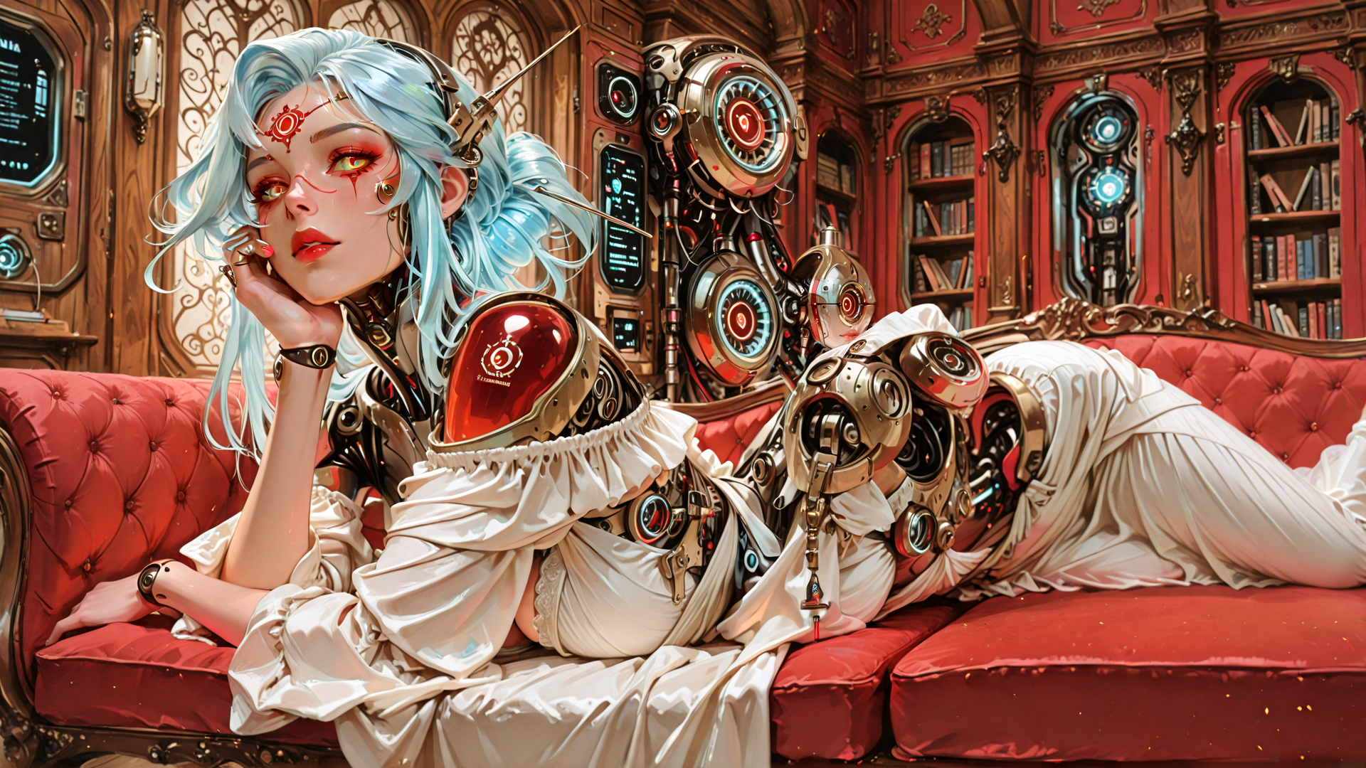 AI generated wallpaper featuring cyborg, woman, robot, sofa, bookshelf, gears, clock, screen, dress, hair