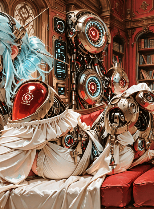 cyborg, woman, robot, sofa, bookshelf, gears, clock, screen, dress, hair