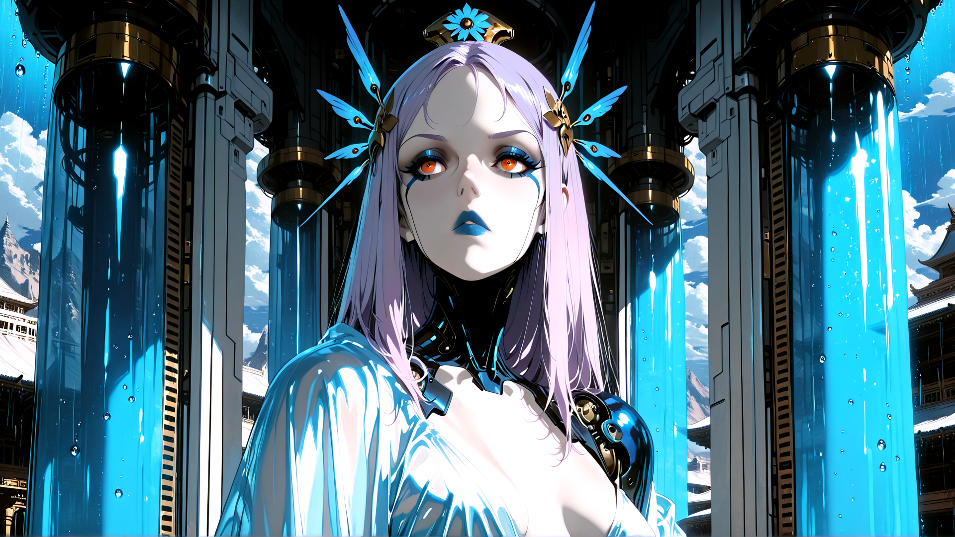 AI generated wallpaper featuring cyborg, woman, goddess, feather, column, structure