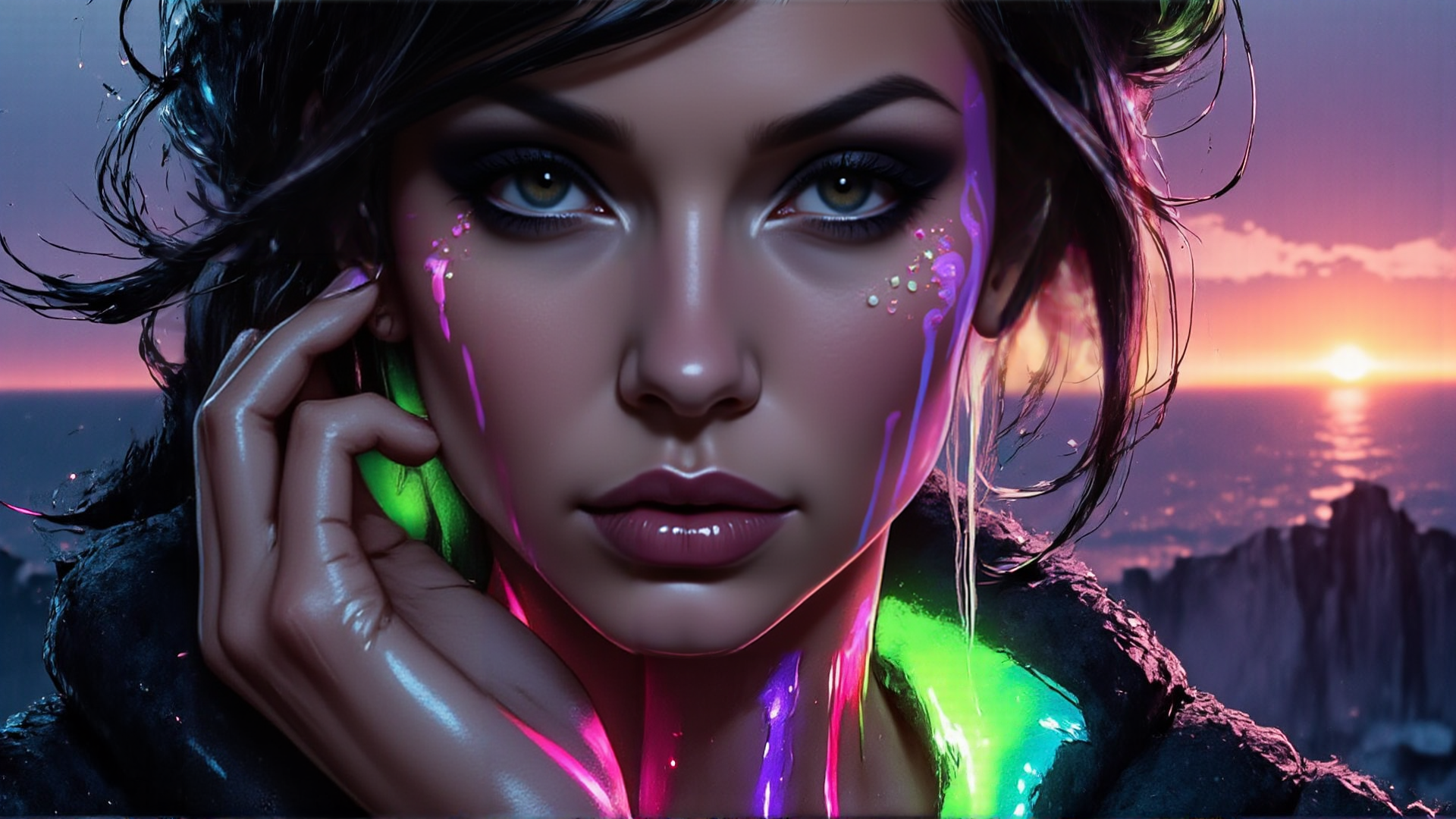 AI generated wallpaper featuring woman, sunset, neon