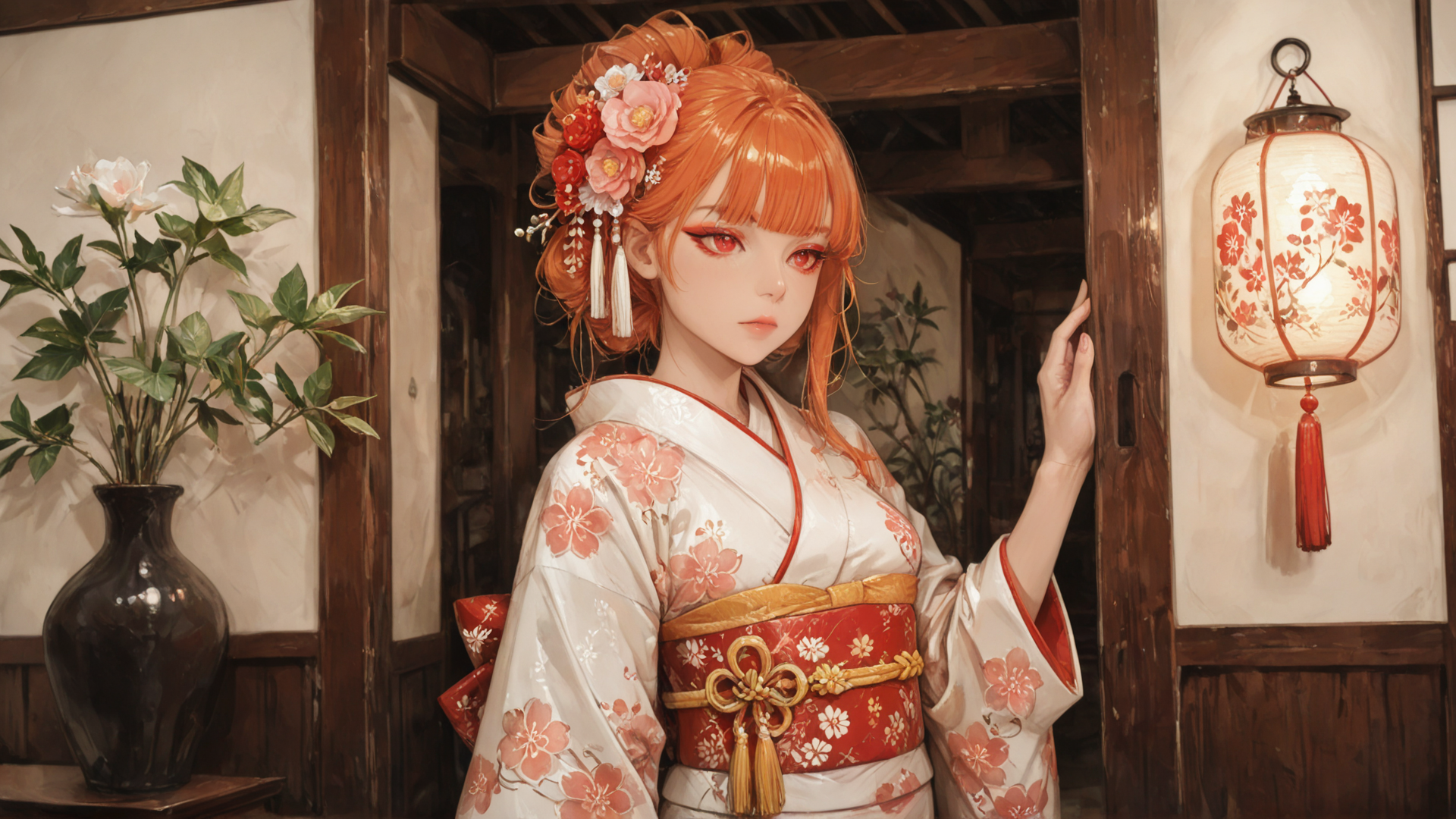 AI generated wallpaper featuring woman, kimono, lantern, vase, flowers, hairpins, door, red, white, sakura