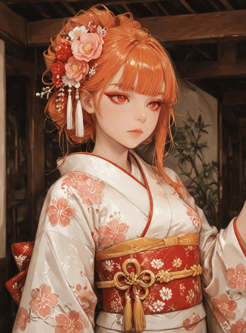 woman, kimono, lantern, vase, flowers, hairpins, door, red, white, sakura