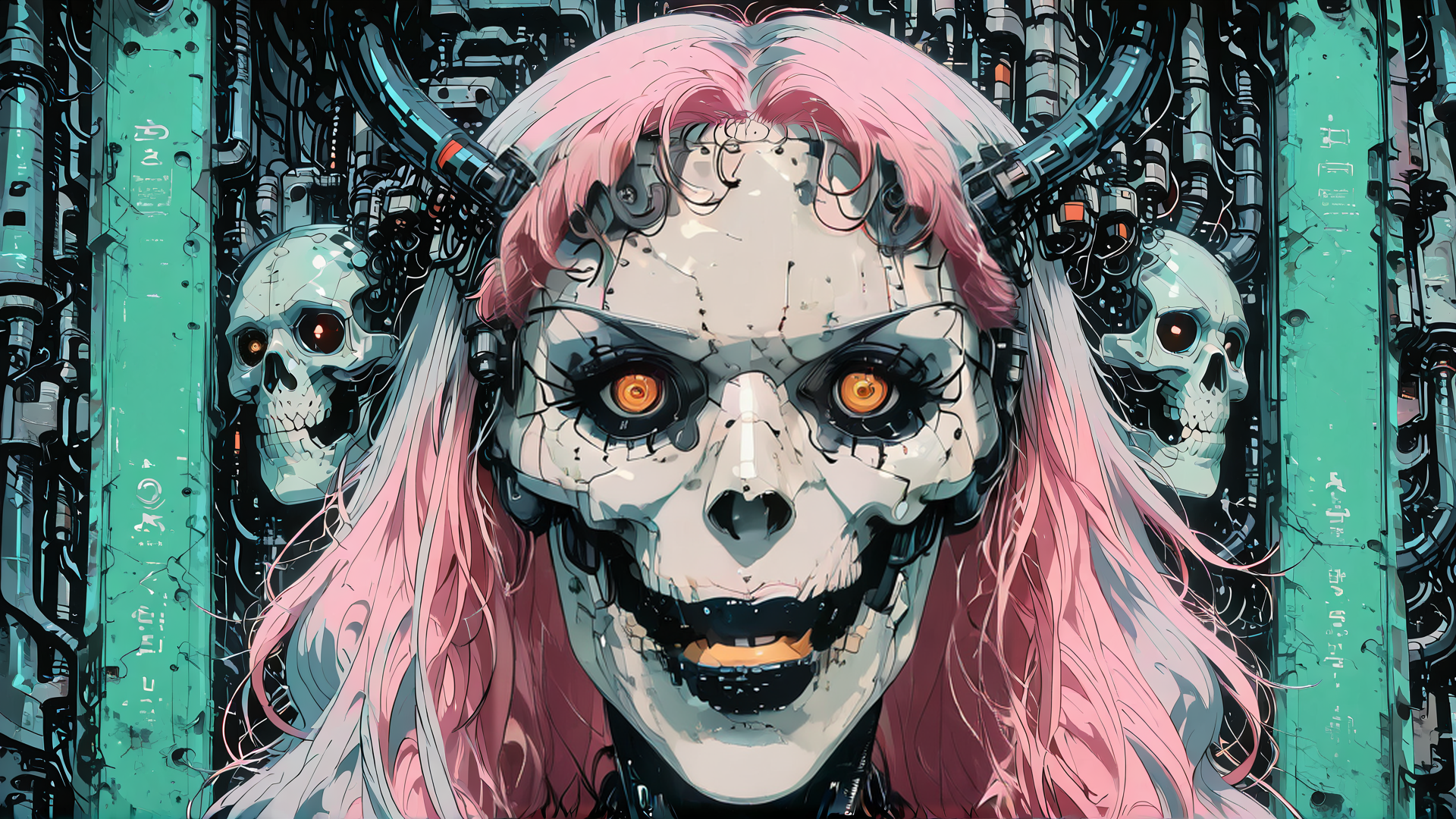 AI generated wallpaper featuring cyborg, skeleton, skull, robot, neon, hair, mechanical, goggles, wires, circuit