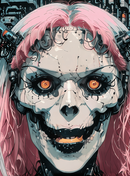 cyborg, skeleton, skull, robot, neon, hair, mechanical, goggles, wires, circuit