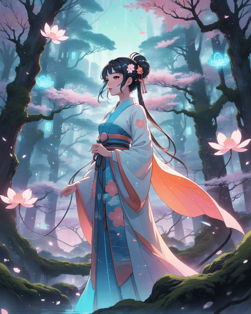 AI generated wallpaper featuring woman, lotus, cherry tree