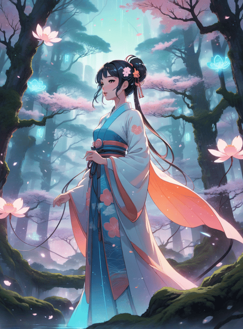 woman, lotus, cherry tree