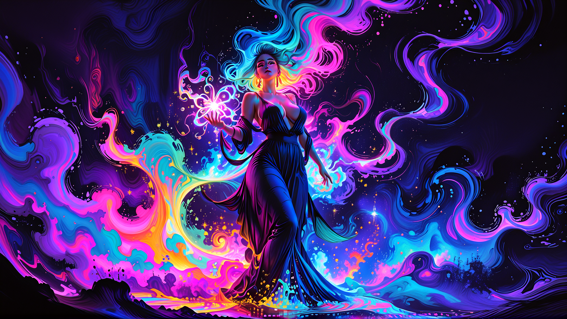 AI generated wallpaper featuring woman, fashion, magic, energy, stars