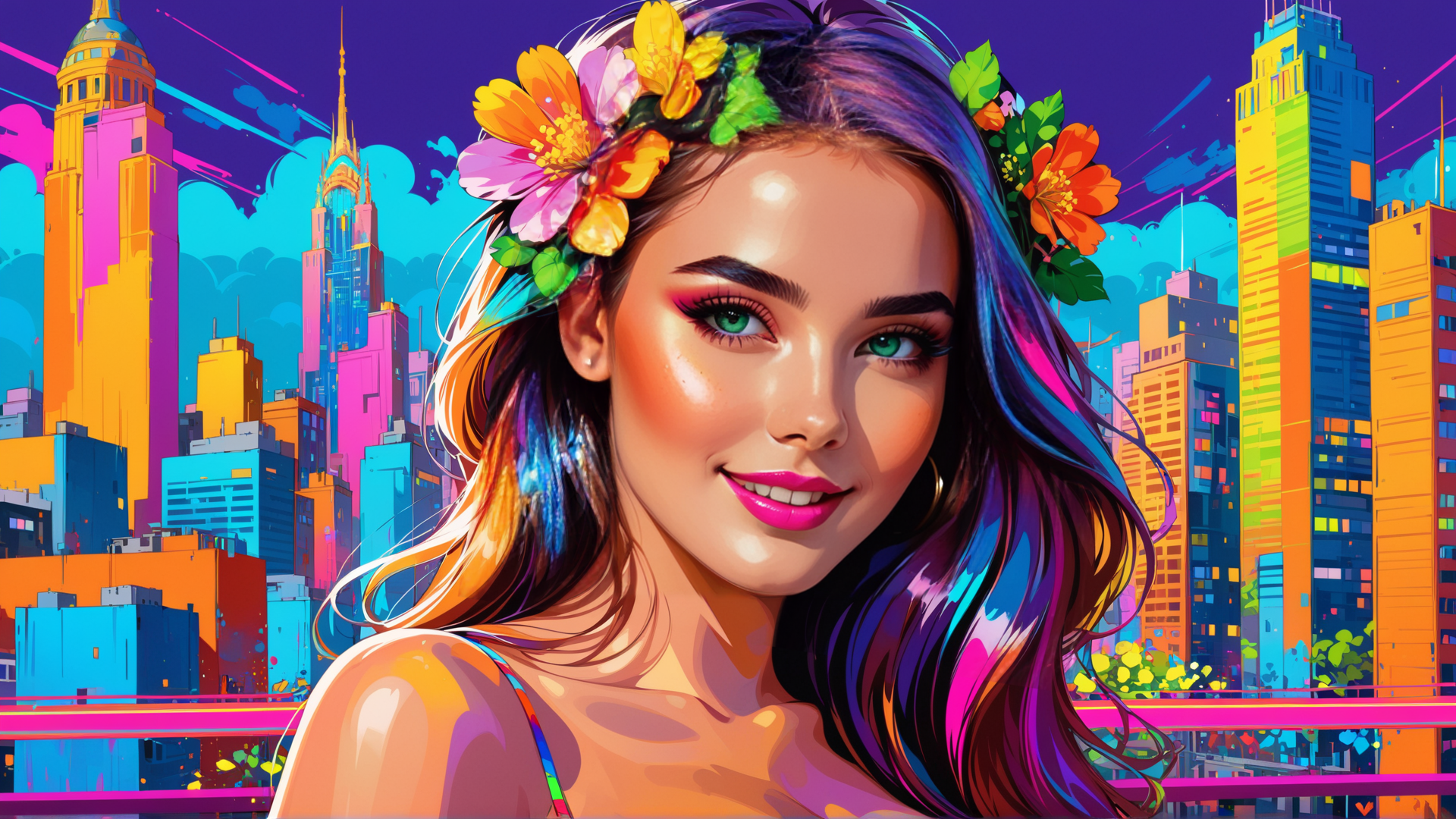 AI generated wallpaper featuring woman, cityscape, flowers