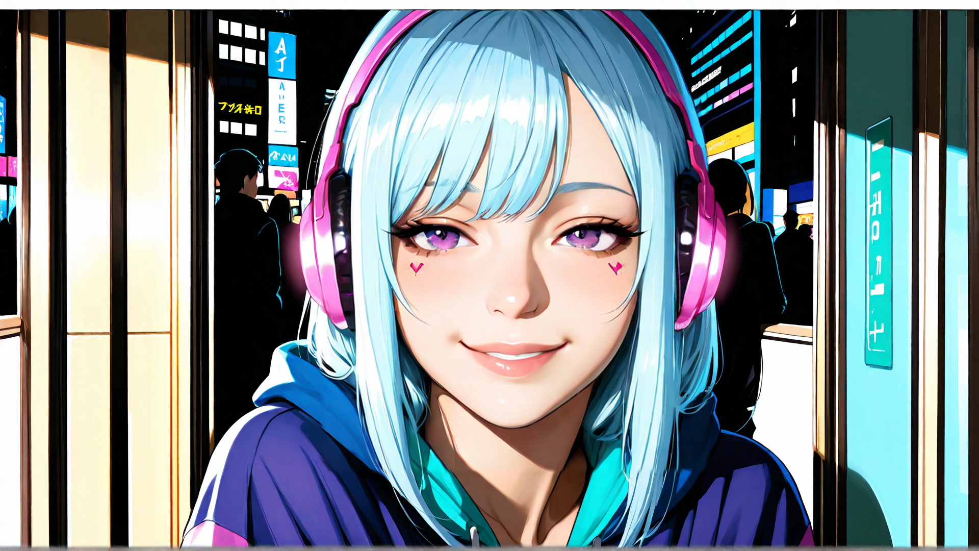 AI generated wallpaper featuring girl, headphones, cityscape, anime, hoodie