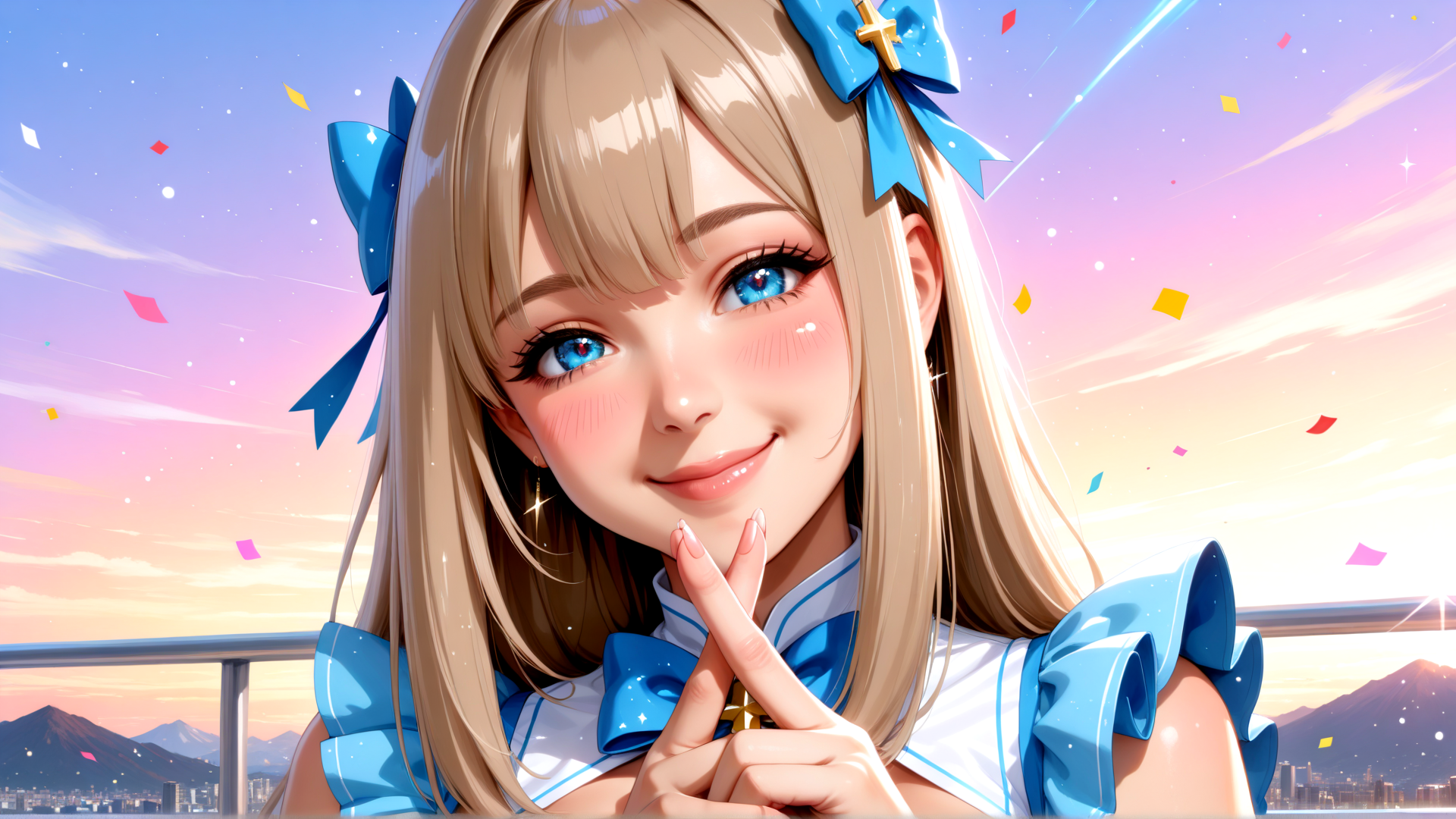 AI generated wallpaper featuring girl, anime, character, confetti, bow, hair