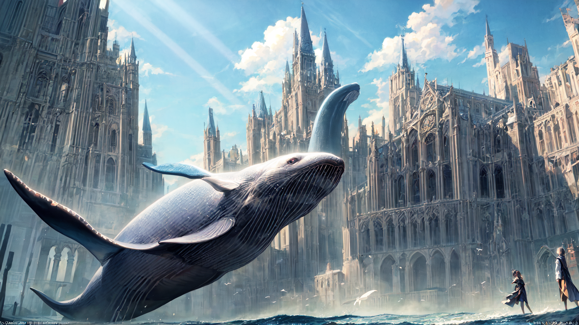 AI generated wallpaper featuring whale, city, people