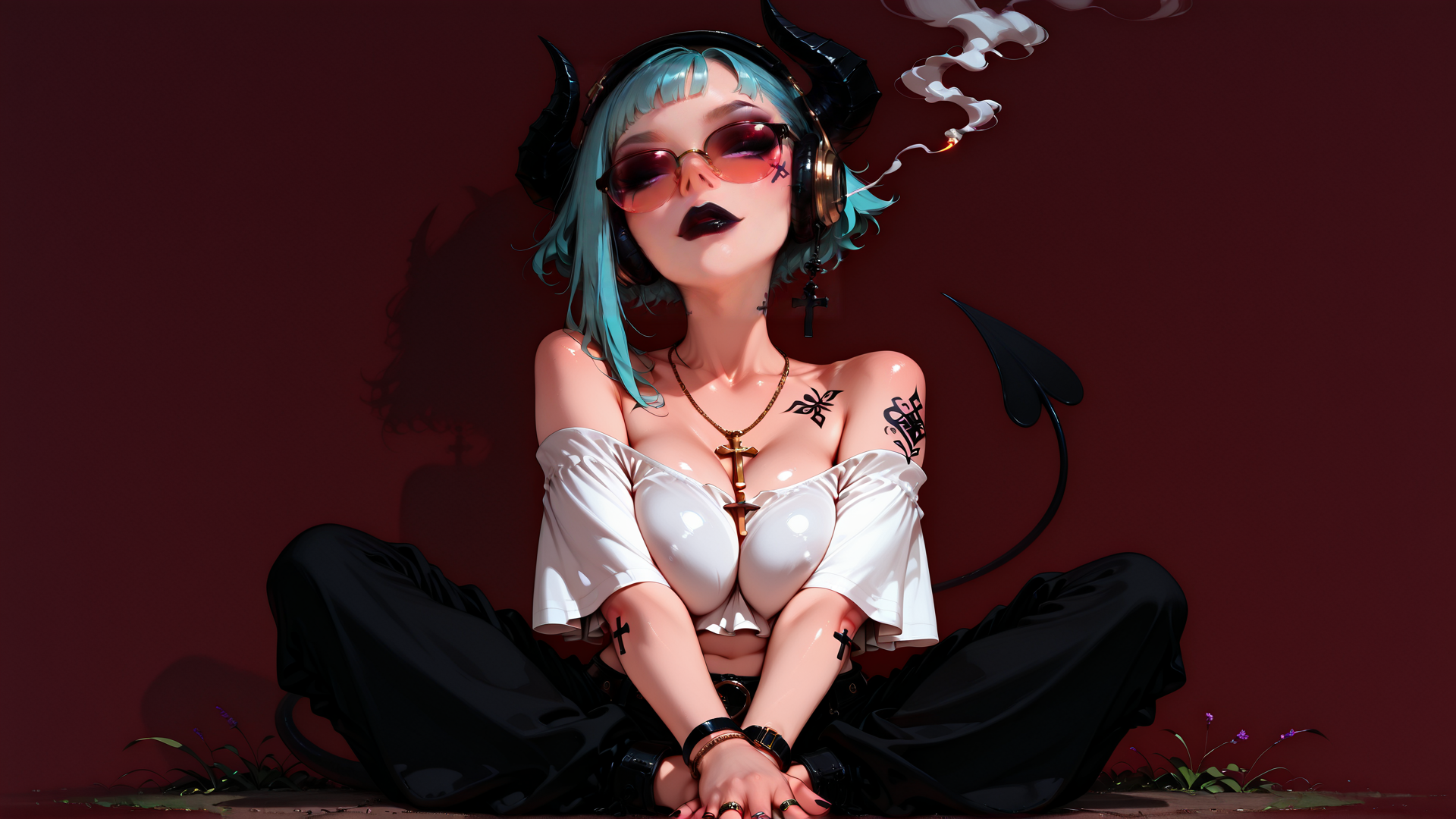 AI generated wallpaper featuring woman, devil, glasses, headphones, cross, tattoo, hair