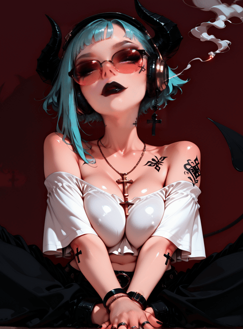 woman, devil, glasses, headphones, cross, tattoo, hair