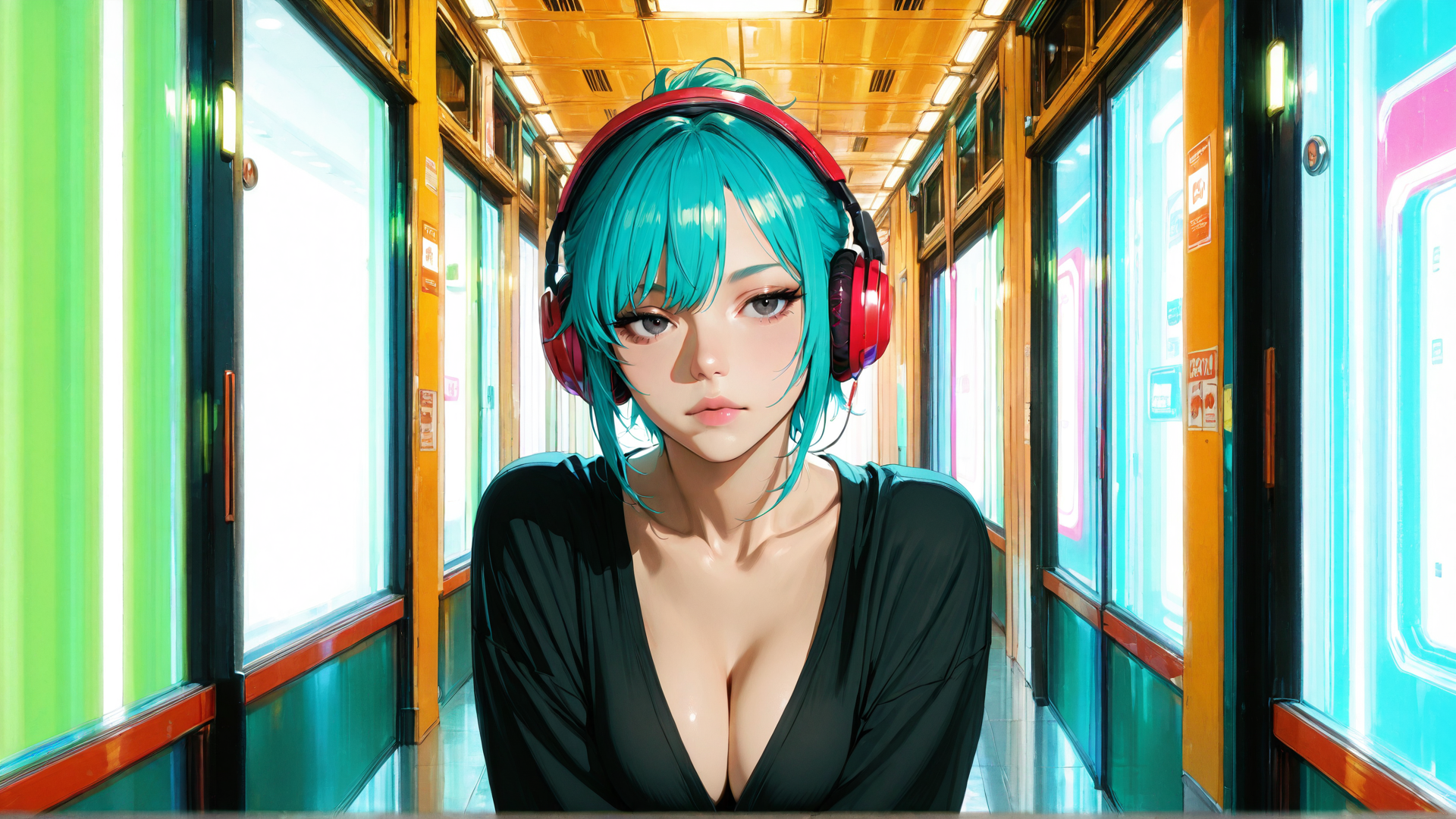 AI generated wallpaper featuring woman, headphones, train, anime, girl, passenger, hair, clothing, earphones, neon