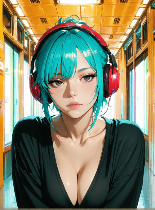 woman, headphones, train, anime, girl, passenger, hair, clothing, earphones, neon