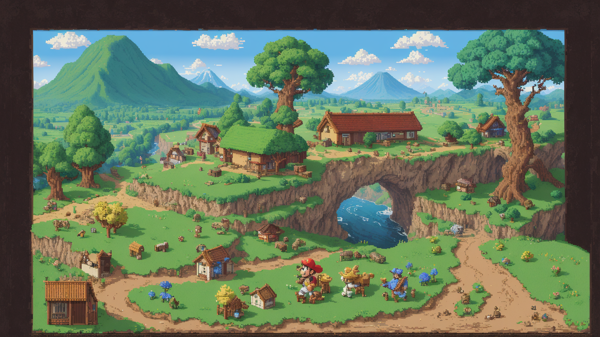 AI generated wallpaper featuring village, characters, landscape