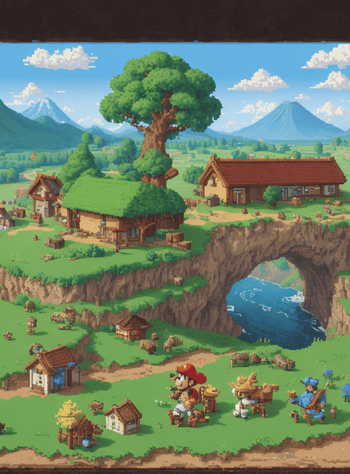 village, characters, landscape