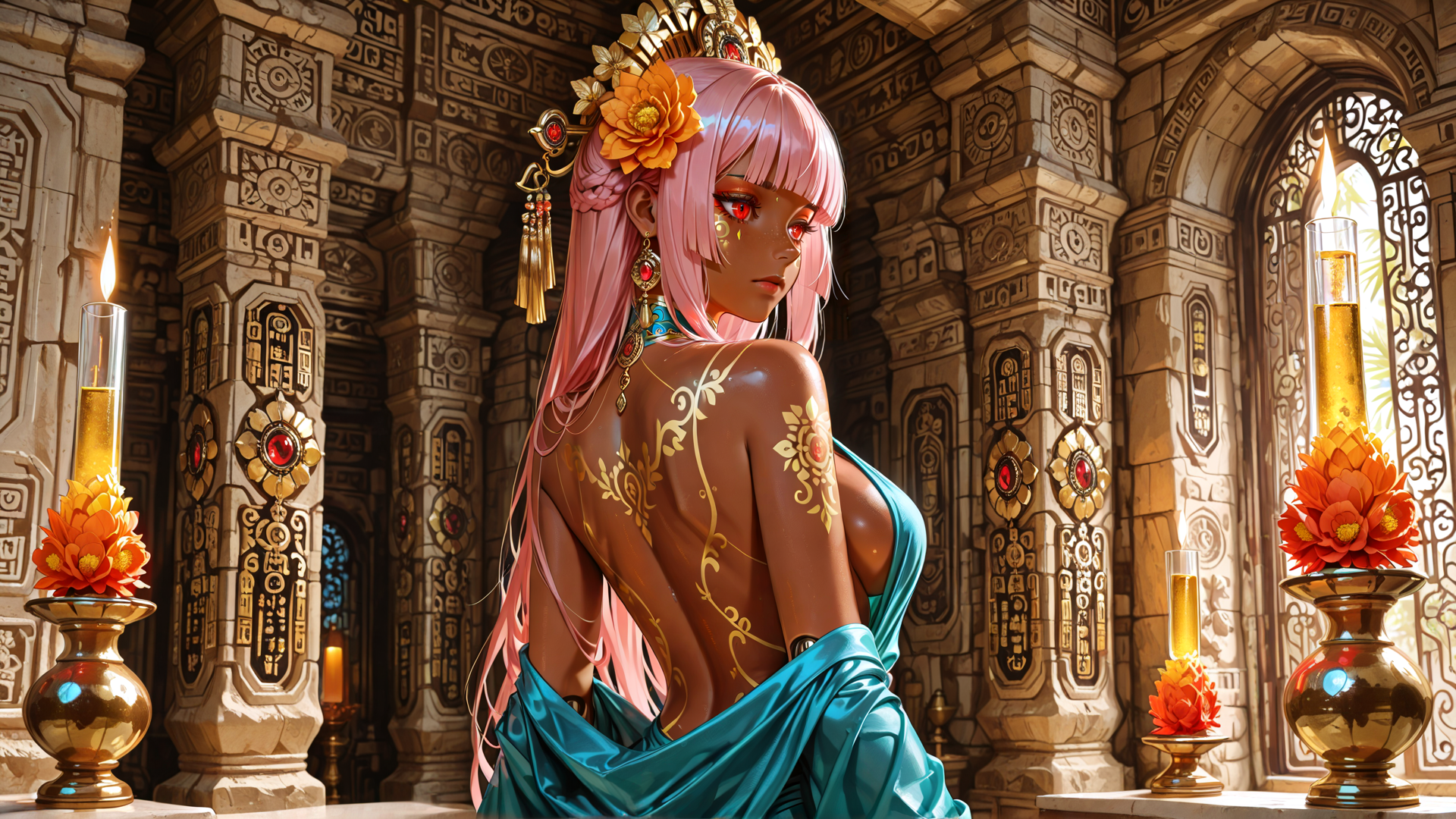 AI generated wallpaper featuring woman, goddess, queen, ancient, headdress, candles, flowers, temple