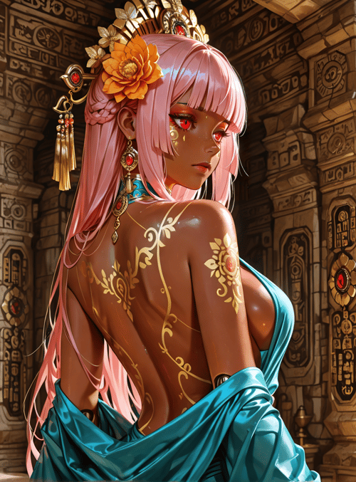 woman, goddess, queen, ancient, headdress, candles, flowers, temple