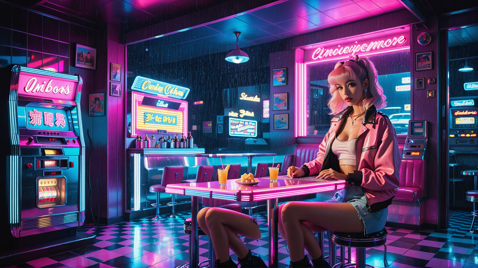 AI generated wallpaper featuring girl, diner, arcade
