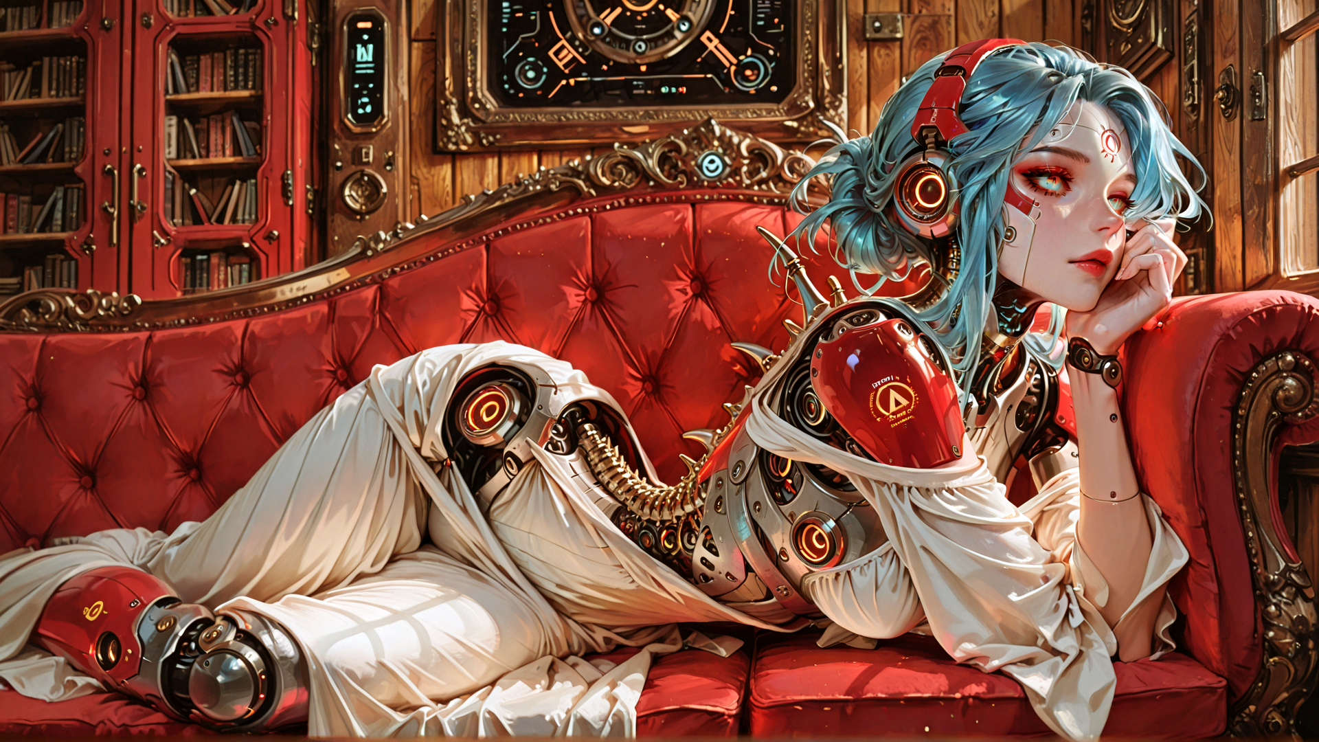AI generated wallpaper featuring cyborg, robot, woman, sofa, bookcase, headphones, glasses, mechanical, red, blue