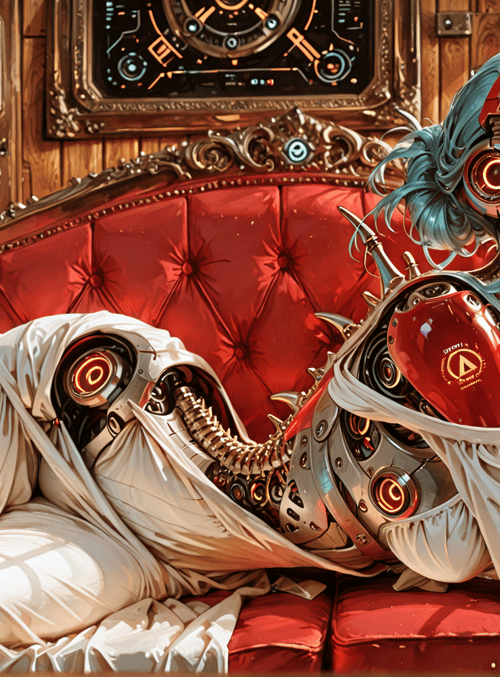 cyborg, robot, woman, sofa, bookcase, headphones, glasses, mechanical, red, blue
