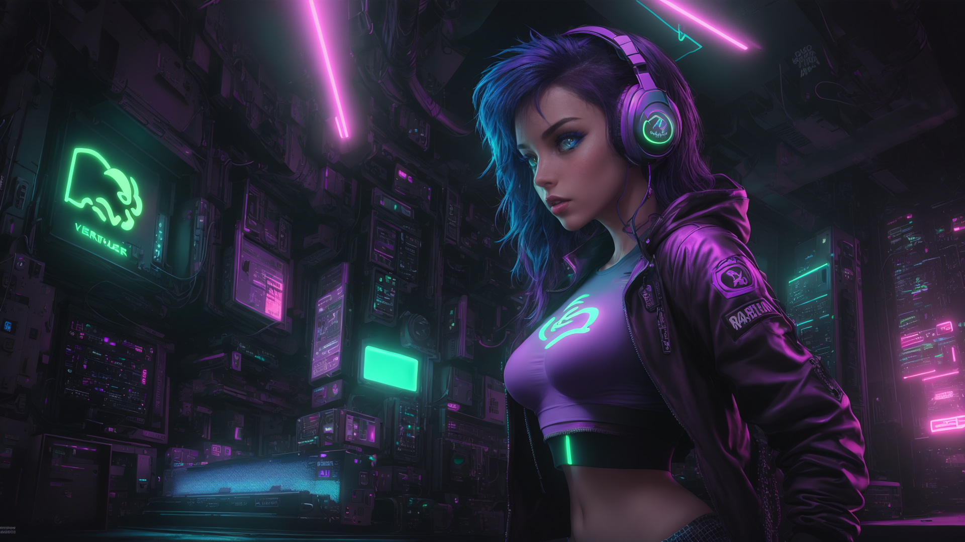 AI generated wallpaper featuring woman, cyberpunk, gamer