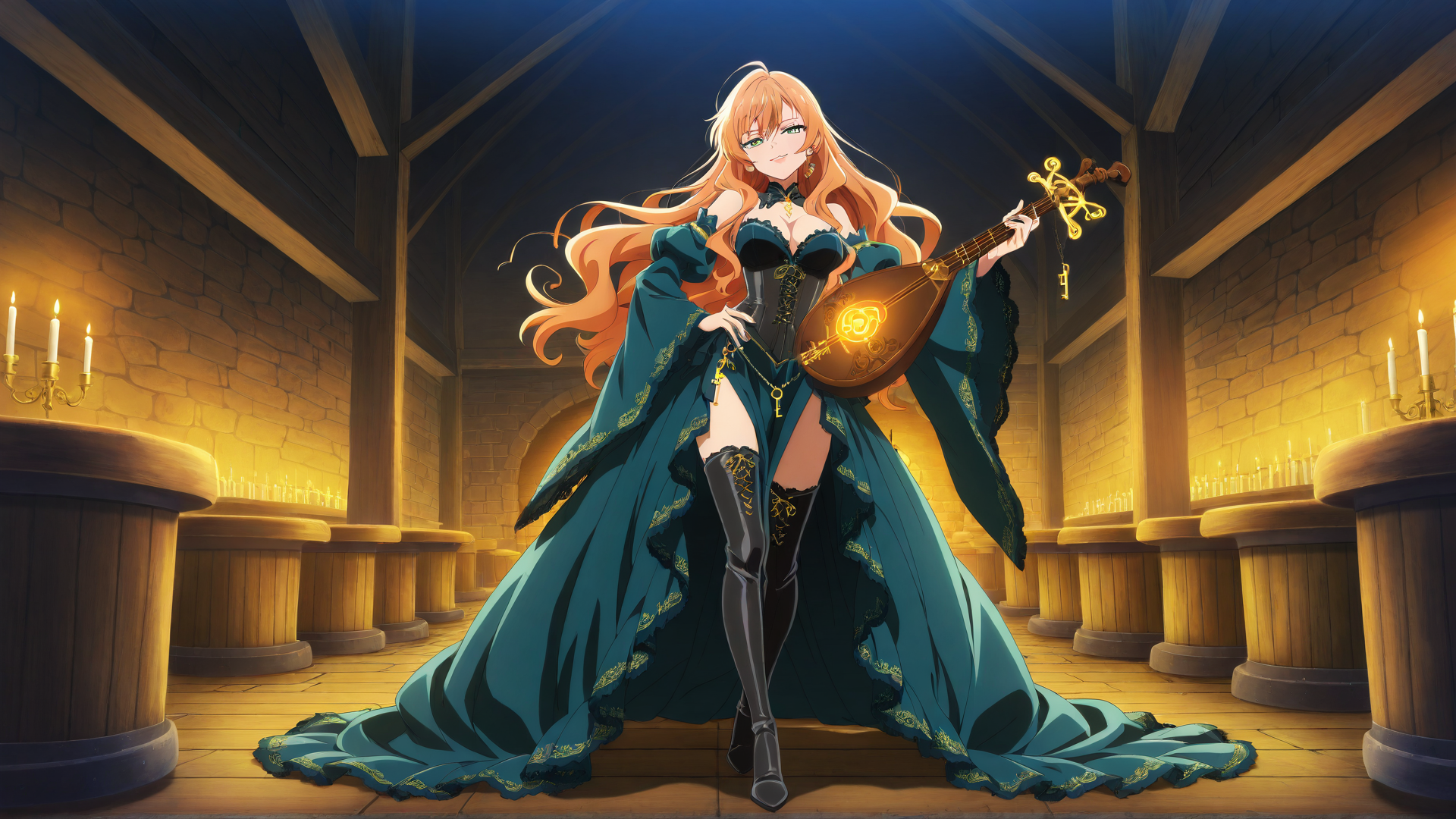 AI generated wallpaper featuring woman, lute, castle