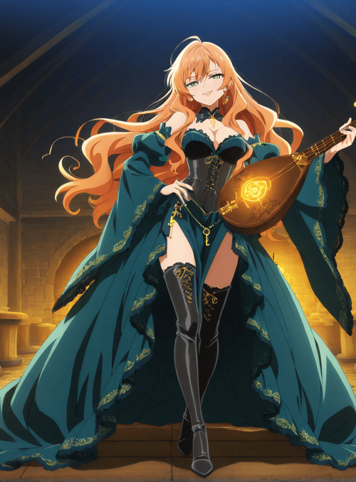 woman, lute, castle