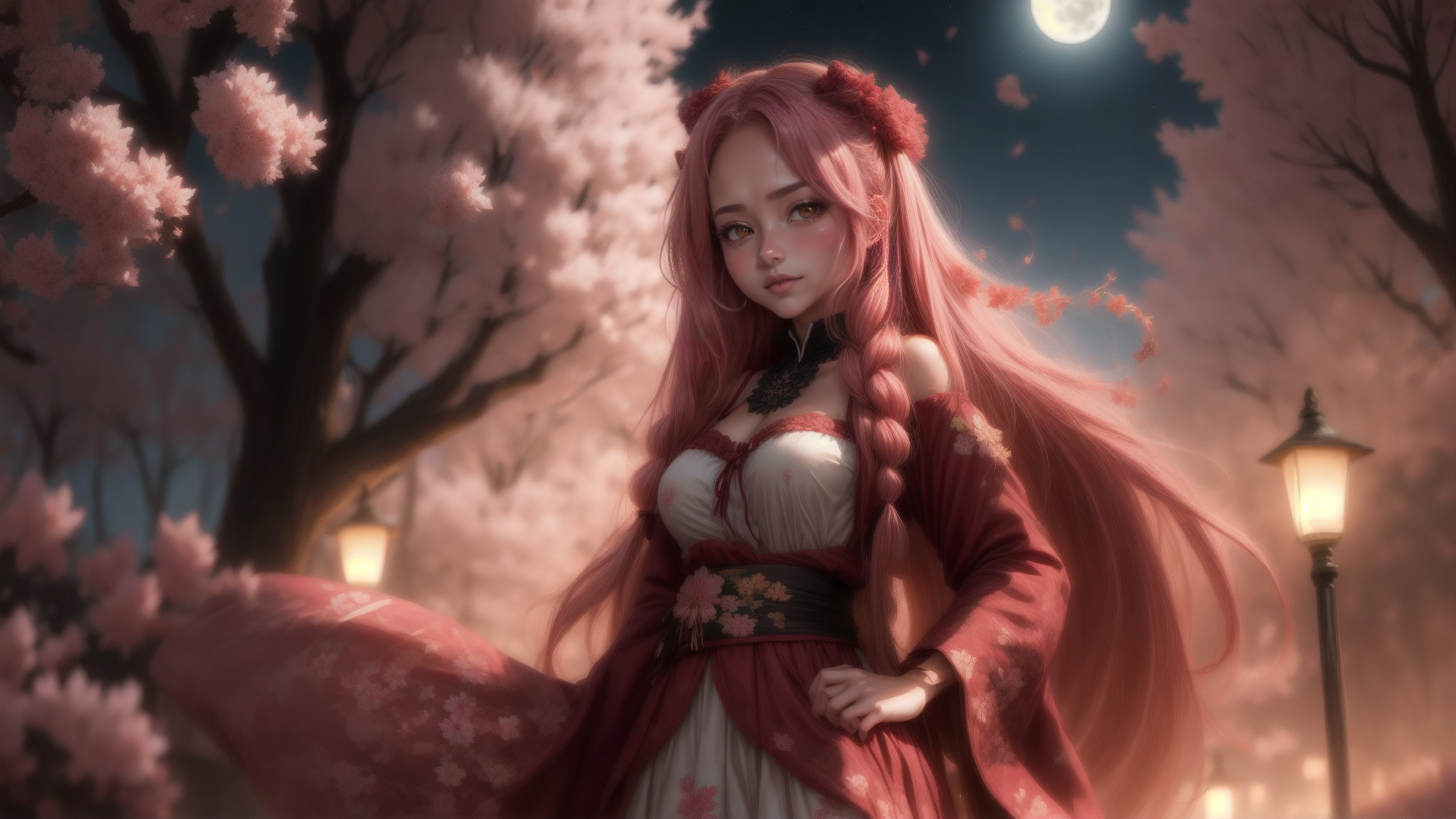 AI generated wallpaper featuring woman, cherry blossom, lantern