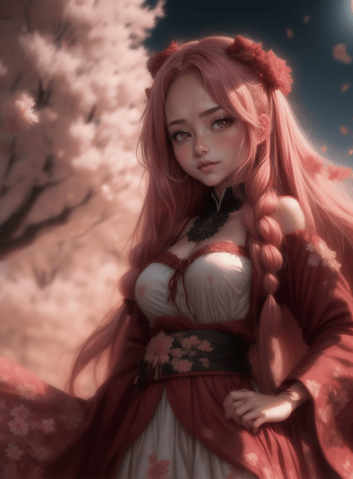 woman, cherry blossom, lantern