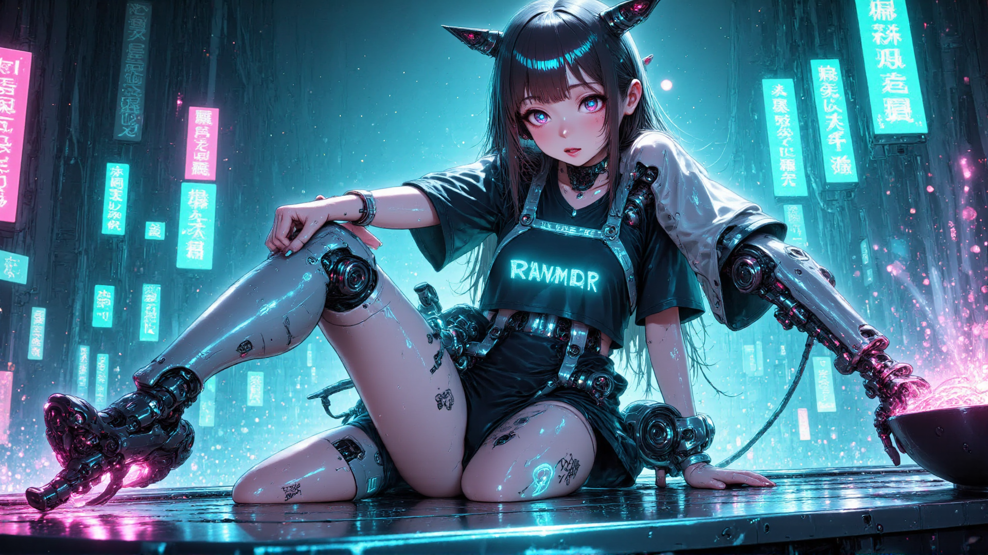 AI generated wallpaper featuring cyborg, girl, neon, robotic, street, anime, girl