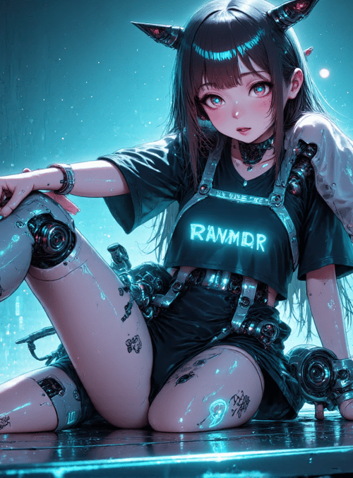 cyborg, girl, neon, robotic, street, anime, girl