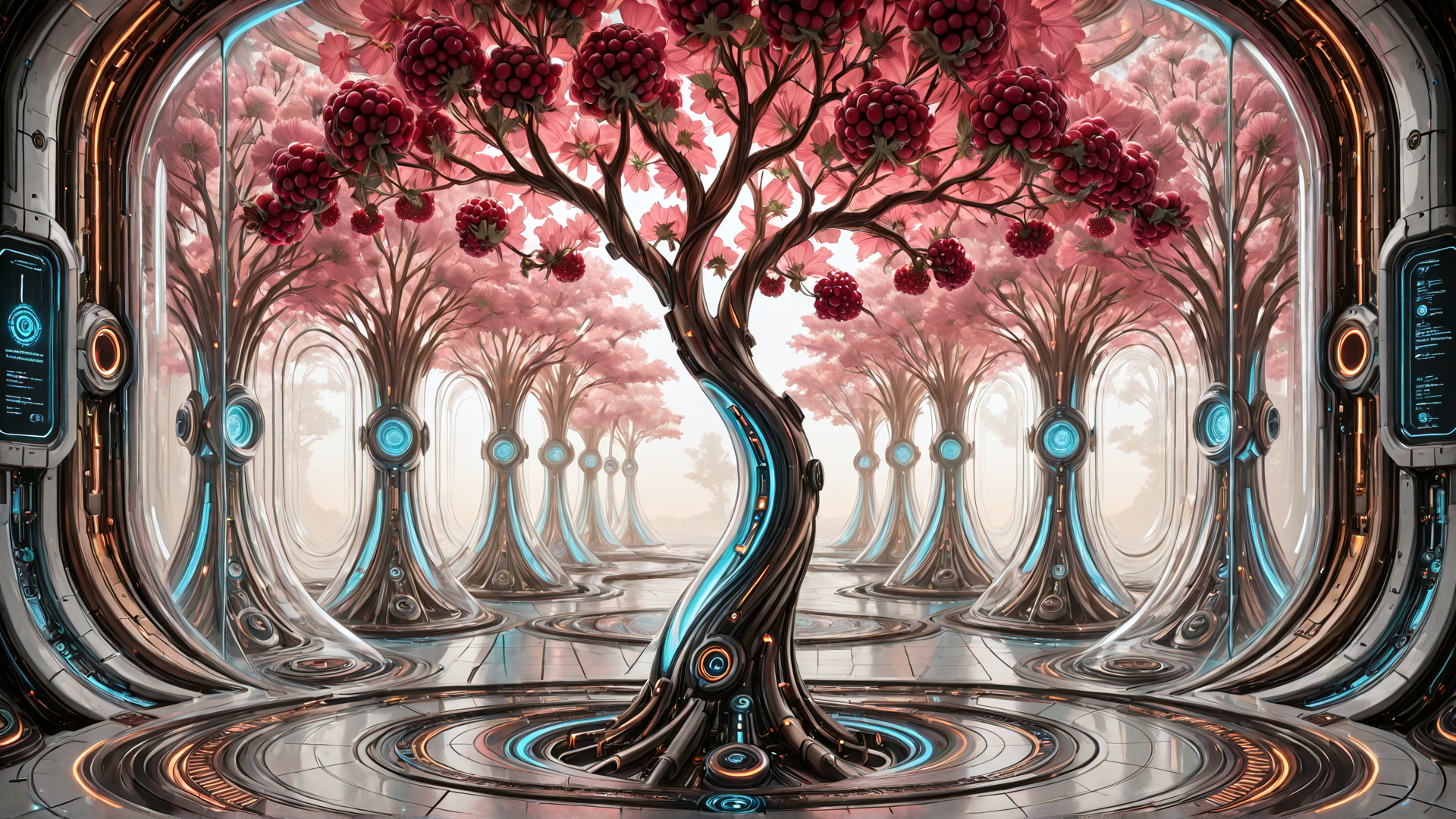 AI generated wallpaper featuring tree, cherry blossoms, futuristic, garden, mirror, technology, artificial, plants, portal, circles