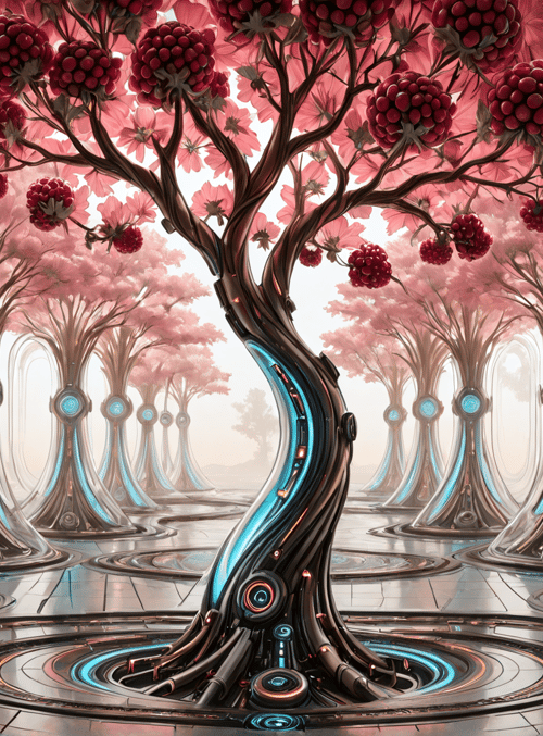 tree, cherry blossoms, futuristic, garden, mirror, technology, artificial, plants, portal, circles