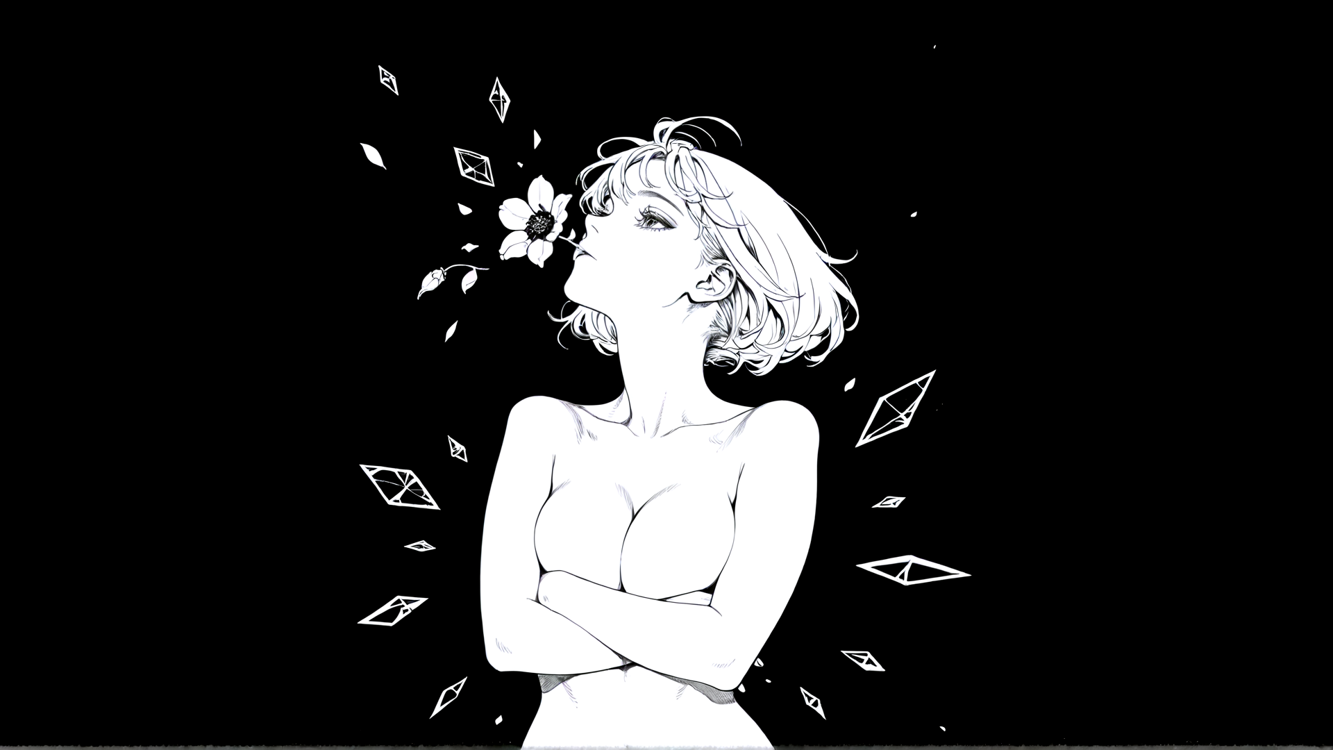 AI generated wallpaper featuring woman, flower, diamonds, leaves