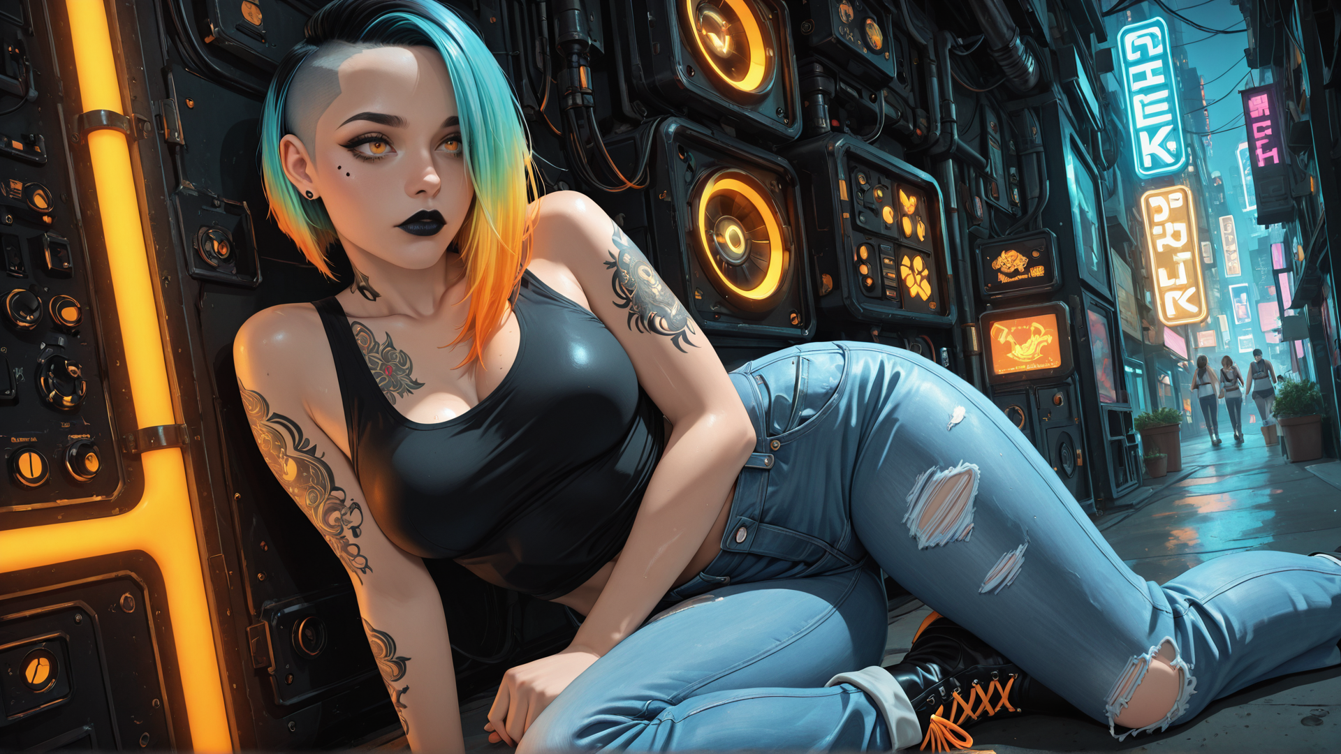 AI generated wallpaper featuring woman, tattoo, jeans, neon, city, cyberpunk, street, punk, hair, gears