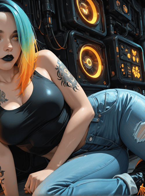 woman, tattoo, jeans, neon, city, cyberpunk, street, punk, hair, gears