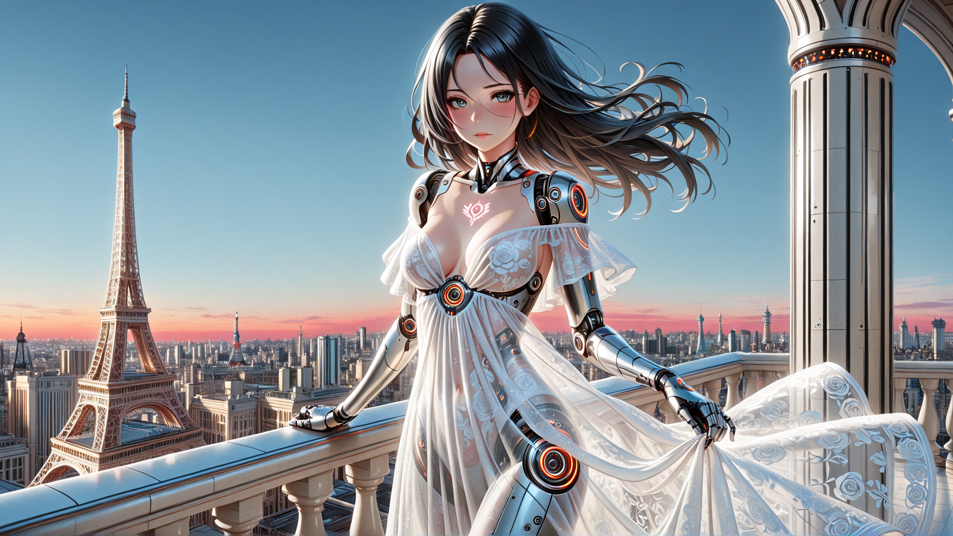 AI generated wallpaper featuring robot, eiffel tower, balcony, dress, cityscape, sunset, cyberpunk, goddess, fashion, wind