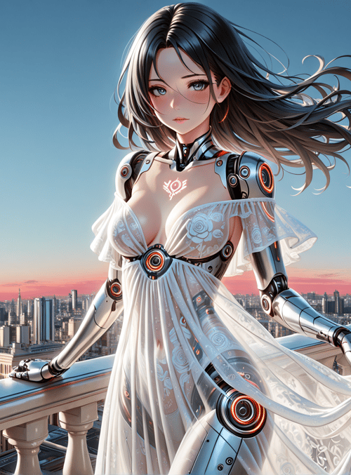 robot, eiffel tower, balcony, dress, cityscape, sunset, cyberpunk, goddess, fashion, wind