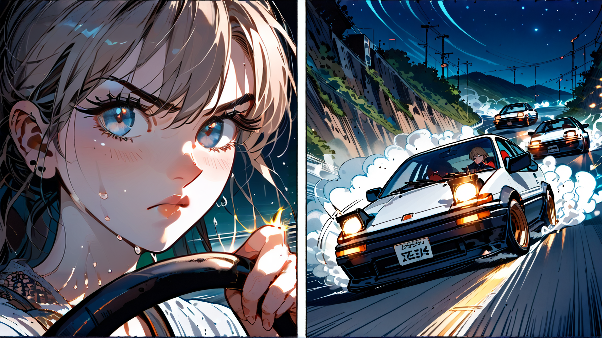 AI generated wallpaper featuring girl, car, road, night, smoke