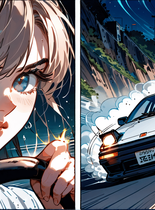 girl, car, road, night, smoke