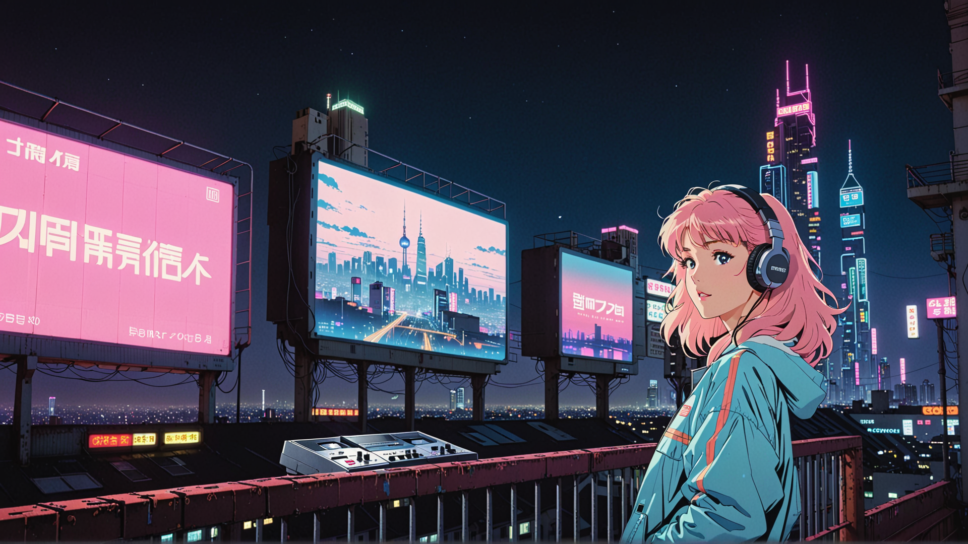 AI generated wallpaper featuring girl, cityscape, billboards