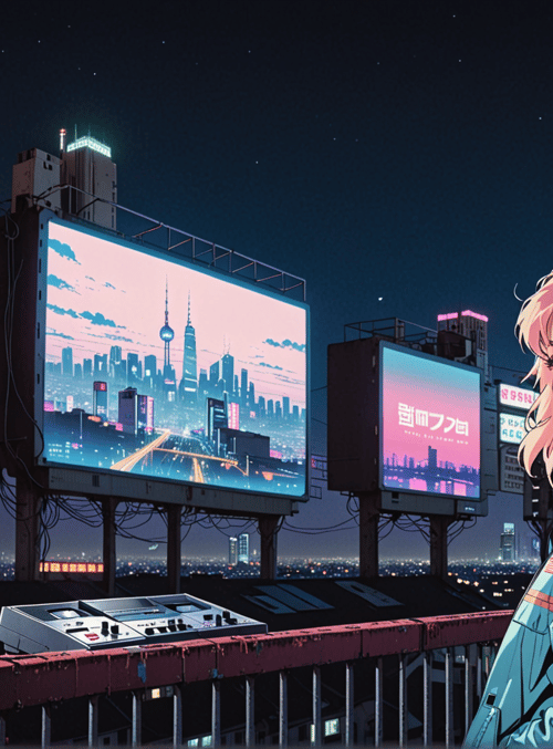 girl, cityscape, billboards