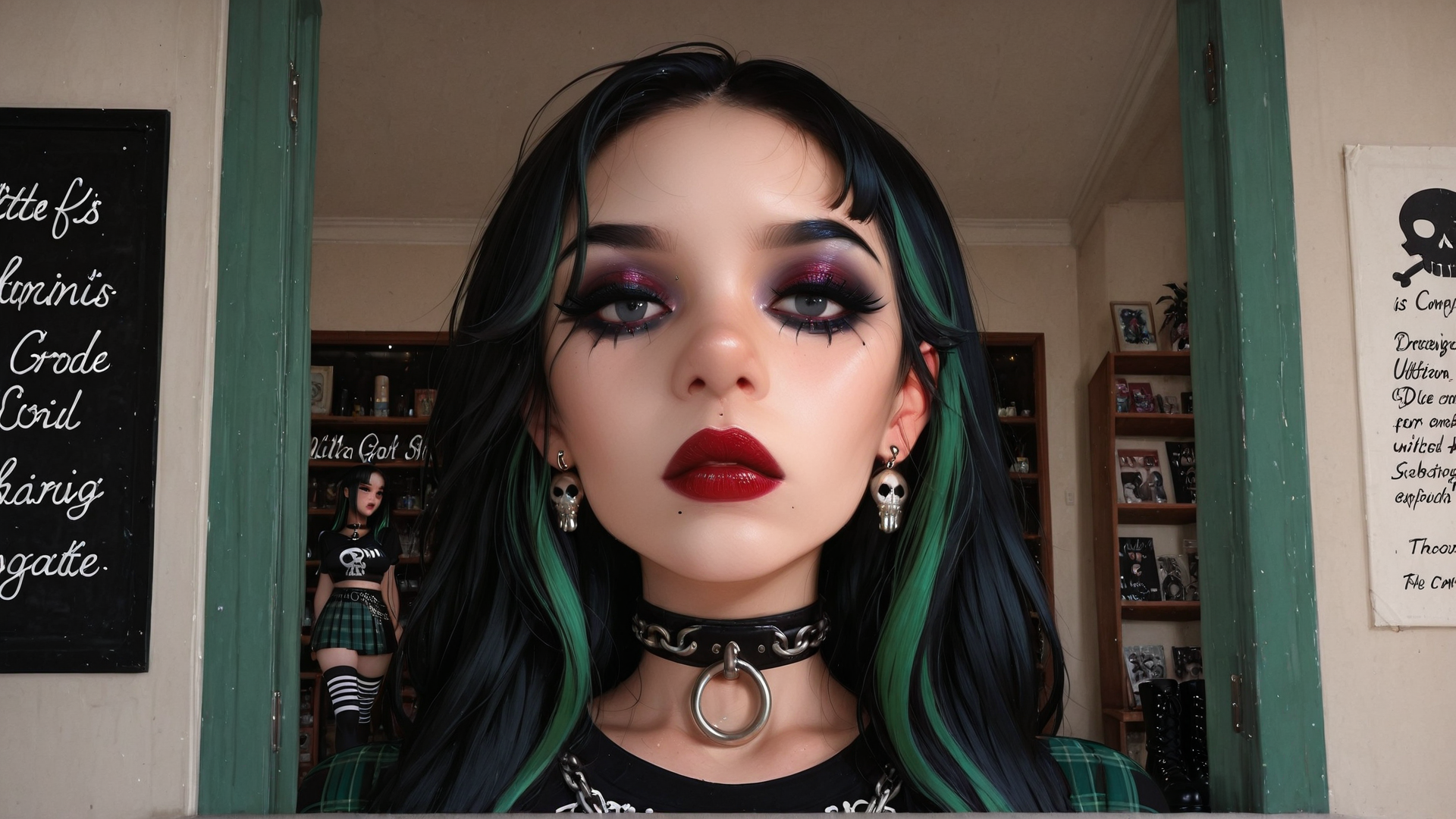 AI generated wallpaper featuring woman, choker, earrings, hair, cherry, skull, plaid, doorway, bookshelf, mirror