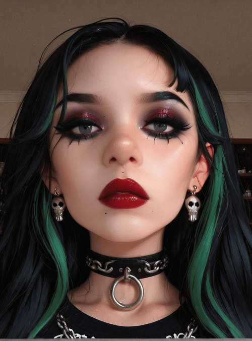 woman, choker, earrings, hair, cherry, skull, plaid, doorway, bookshelf, mirror