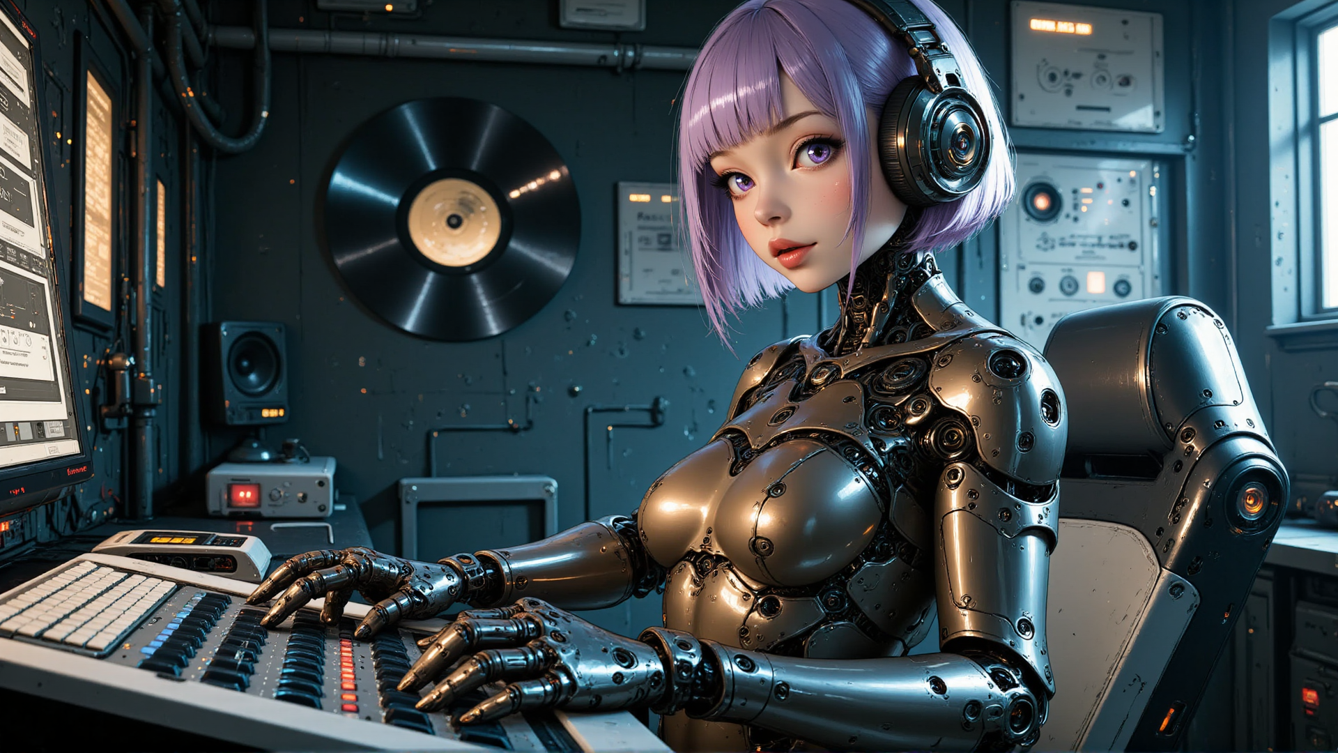 AI generated wallpaper featuring robot, musician, keyboard, headphones, computer, synthesizer, monitor, workspace, studio, mechanical