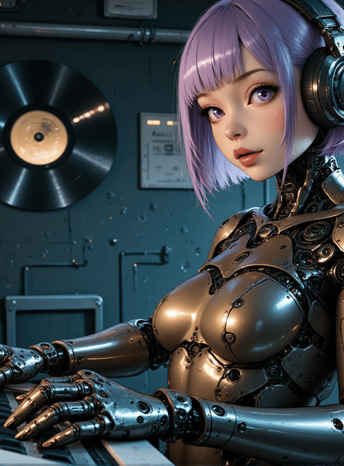 robot, musician, keyboard, headphones, computer, synthesizer, monitor, workspace, studio, mechanical