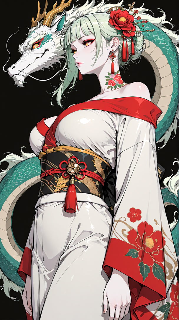 AI generated wallpaper featuring woman, dragon, kimono, flower, hair
